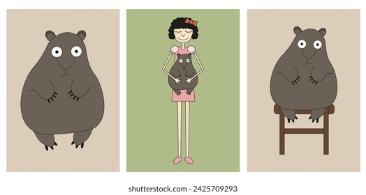 Set card with Cartoon Weird Groundhog. Groundhog Day design in trendy minimalism style. Vector illustration can used t-shirt print, web and social media banner. EPS 10 Editable