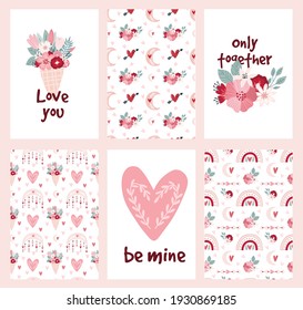 Set card clipart Bohemian romantic elements Valentine's day in boho style. Boho rainbow, heart and flowers. Vector