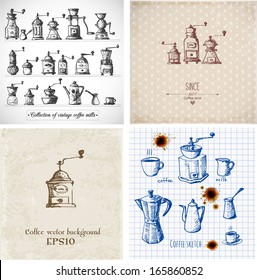 Set of card with coffee mills and other objects with realistic coffee stains. Vector illustration.
