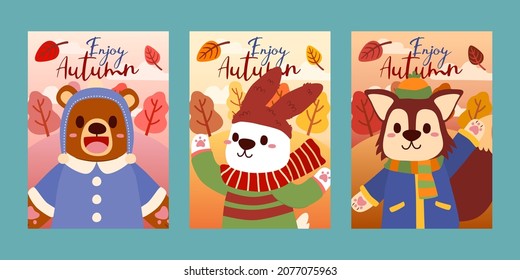 Set of card with  Cute animals in winter costume in Autumn celebration, wearing sweater, coat and scarf when Autumn season coming, vector illustration