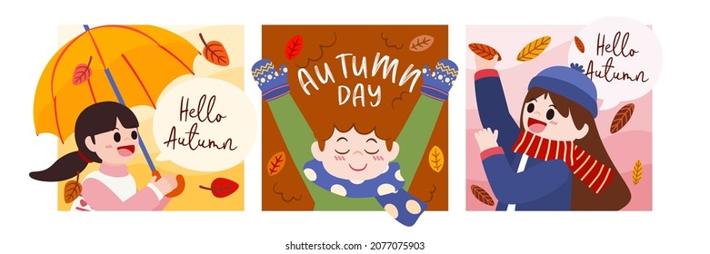 Set of card with  Cute boy and girl in winter costume and lettering, wearing sweater, coat and scarf when Autumn season coming, vector illustration