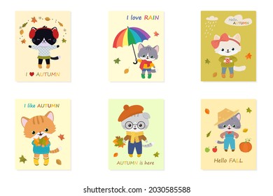 Set of card with cute cats. Autumn clipart. Cartoon flat style. Vector illustration