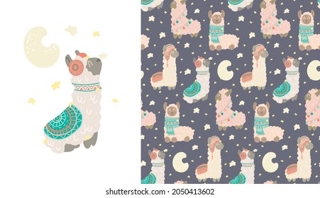 Set of card and cute childish pattern with constellations of lamas. Animalistic gentle poster and texture with stars and crescent moon at night. Alpacas with warm clothes with tribal decoration