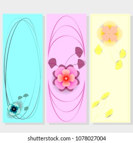 Set of card with decorative flowers and twigs on pastel blue background. Decorative frame for your text. Vector template for congratulations, reminders, thanks.