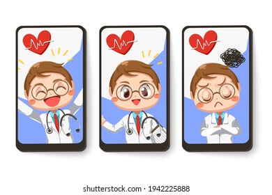 Set card of doctor wearing gown coat with stethoscope with difference emotion in cartoon character, isolated flat vector illustration 