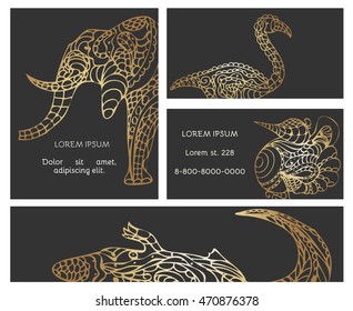 Set of card with doodle elephant, flamingo, baobab and crocodile. Hand-drawn vector illustration with place for your text. Gold color.