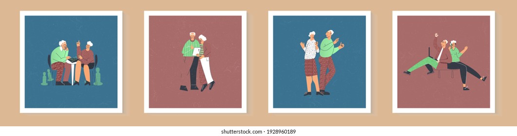 Set of card with elderly people lifestyle. Senior couple having fun. Old lady and gentlemen leisure. Collection of senior citizen flat vector cartoon illustration with texture for template, banner