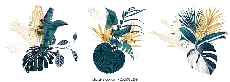 Set of card element with exotic blue, gold leaves. Tropical Wedding concept. Floral poster, invite. Decorative greeting card or invitation design element on white background.