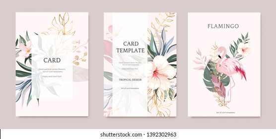 Set of card with exotic green, gold leaves and flowers. Tropical Wedding concept. Floral poster, invite with flamingo. Vector decorative greeting card or invitation design background