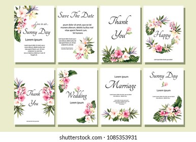 Set of card with exotic leaves. Tropical Wedding ornament concept. Floral poster, invite. Vector decorative greeting card or invitation design background