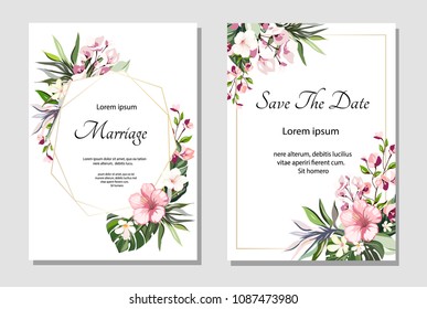 Set of card with exotic leaves. Tropical Wedding ornament concept with flowers. Floral poster, invite. Vector decorative greeting card or invitation design background