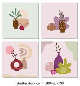 Set of card with exotic palm leaves and abstract vases. Trendy collage still life vase fruits abstract contemporary shape textures minimalism in pastel colors. Banner, poster, social media templates