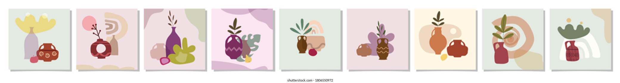 Set of card with exotic palm leaves and abstract vases. Trendy collage still life vase fruits abstract contemporary shape textures minimalism in pastel colors. Banner, poster, social media templates