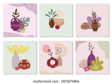 Set of card with exotic palm leaves and abstract vases. Trendy collage still life vase fruits abstract contemporary shape textures minimalism in pastel colors. Banner, poster, social media templates