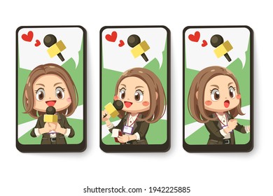 Set card of female reporter holding a microphone for interviews or report the news in cartoon character, isolated flat vector illustration 