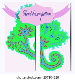 Set card of floral motif, label on a  white     background. Hand drawn. Color space.