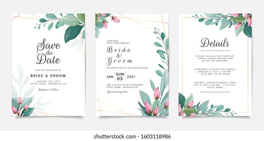 Set of card floral. Wedding invitation template set with elegant flower border. Roses and leaves botanic illustration for background, save the date, greeting, poster, cover vector