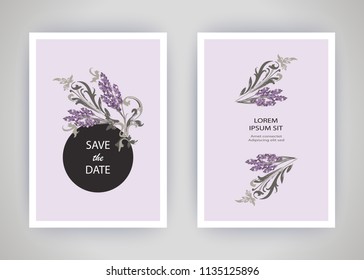 Set of card with flower lavender, leaves. Wedding ornament concept. Floral trendy poster, invite. Vector decorative greeting card or invitation design background