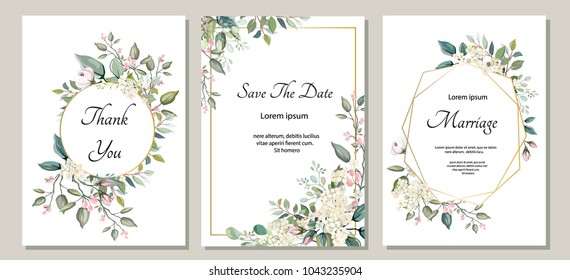 Set of card with flower, leaves. Wedding ornament concept. Floral poster, invite. Vector decorative greeting card or invitation design background