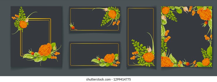 Set of card with flower rose, dogrose, fern, leaves. Wedding ornament concept. Floral poster, invite. Vector decorative greeting card, invitation design background