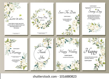 Set Of Card With Flower Rose, Leaves. Wedding Ornament Concept. Floral Poster, Invite. Vector Decorative Greeting Card Or Invitation Design Background