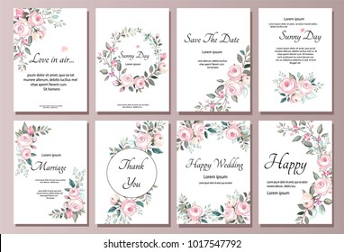 Set of card with flower rose, leaves. Wedding ornament concept. pink Floral poster, invite. Vector decorative greeting card or invitation design background