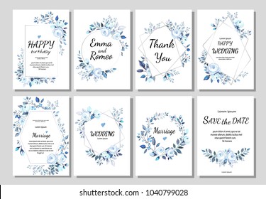 Set Of Card With Flower Rose, Leaves. Ornament Concept. Blue Floral Poster, Invite. Vector Decorative Greeting Card, Invitation Design Background