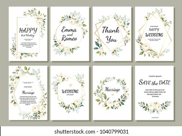 Set of card with flower rose, leaves and geometrical frame. Wedding ornament concept. Floral poster, invite. Vector decorative greeting card,invitation design background