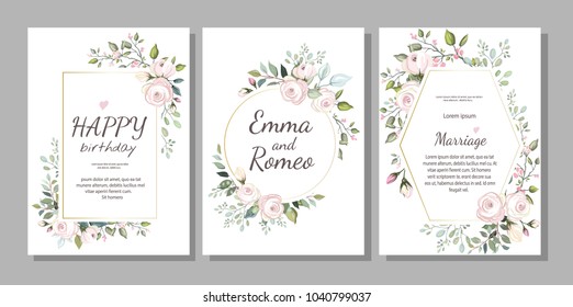 Set of card with flower rose, leaves. Wedding ornament concept. Floral poster, invite. Vector decorative greeting card, invitation design background