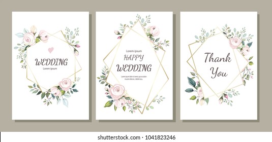 Set of card with flower rose, leaves and geometrical frame. Wedding ornament concept. Floral poster, invite. Vector decorative greeting card, invitation design background