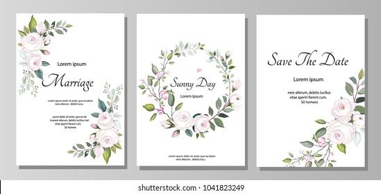 Set of card with flower rose, leaves. Wedding ornament concept. Floral poster, invite. Vector decorative greeting card, invitation design background