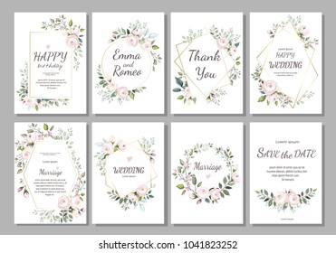 Set of card with flower rose, leaves and geometrical frame. Wedding ornament concept. Floral poster, invite. Vector decorative greeting card, invitation design background