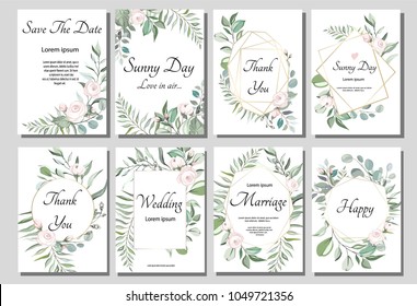 Set of card with flower rose, leaves and geometrical frame. Wedding ornament concept. Floral poster, invite. Vector decorative greeting card or invitation design background