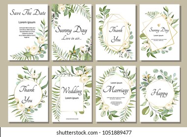 Set of card with flower rose, leaves and geometrical frame. Wedding ornament concept. Floral poster, invite. Vector decorative greeting card or invitation design background