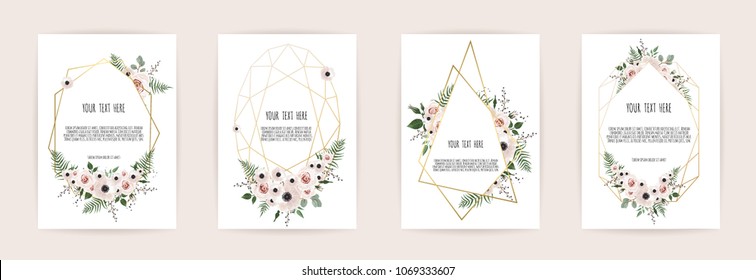 Set of card with flower rose, leaves and geometrical frame. Wedding ornament concept. Floral poster, invite. Vector decorative greeting card, invitation design background