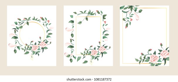 Set of card with flower rose, leaves. Wedding ornament concept. Floral poster, invite. Vector decorative greeting card or invitation design background