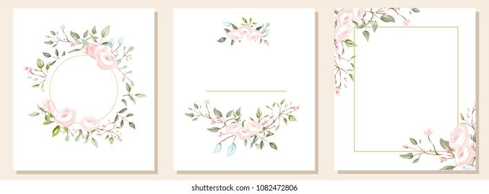 Set of card with flower rose, leaves. Wedding ornament concept. Floral poster, invite. Vector decorative greeting card, invitation design background