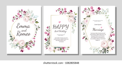 Set of card with flower rose, leaves. Wedding ornament concept. Floral poster, invite. Vector decorative greeting card or invitation design background