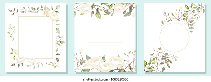 Set of card with flower rose, leaves and geometrical frame. Wedding ornament concept. Floral poster, invite. Vector decorative greeting card, invitation design background