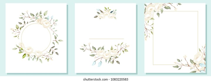 Set of card with flower rose, leaves and geometrical frame. Wedding ornament concept. Floral poster, invite. Vector decorative greeting card, invitation design background