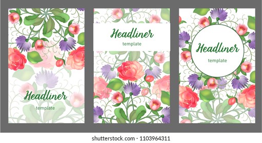Set of card with flower rose, leaves. Wedding ornament concept. Floral poster, invite. Vector decorative greeting card or invitation design background