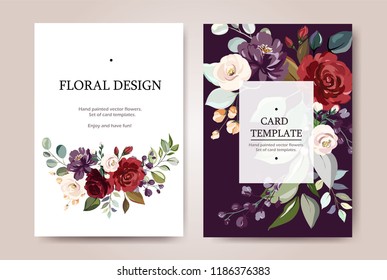 Set of card with flower rose, leaves. Wedding ornament concept. Floral poster, invite. Vector decorative greeting card or invitation design background