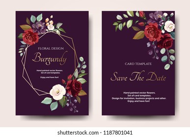 Set of card with flower rose, leaves. Wedding ornament concept. Floral poster, invite. Vector decorative greeting card or invitation design background