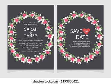 Set of card with flower rose, leaves. Floral poster, invite.  Wedding ornament concept. wedding invitation card template Vector illustration.