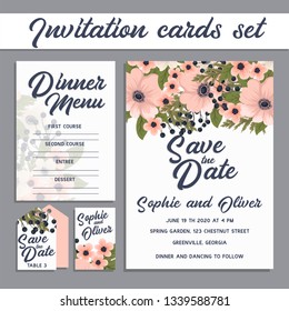 Set of card with flower rose, leaves. Wedding ornament concept.