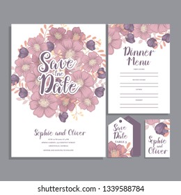 Set of card with flower rose, leaves. Wedding ornament concept.