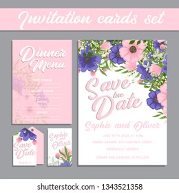 Set of card with flower rose, leaves. Wedding ornament concept.