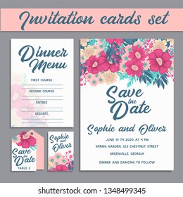 Set of card with flower rose, leaves. Wedding ornament concept.