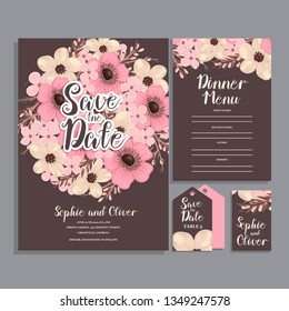 Set of card with flower rose, leaves. Wedding ornament concept.