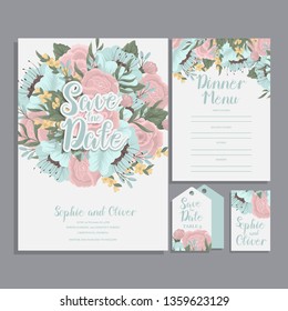 Set of card with flower rose, leaves. Wedding ornament concept.